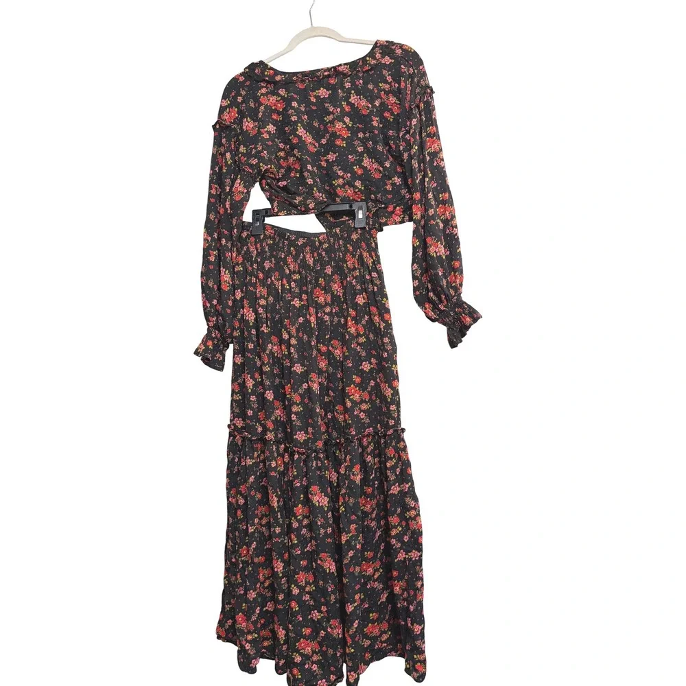 Free People Secret Garden Set Boho Black Floral Tiered Maxi Skirt Set Black S/M